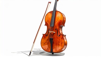 Fototapeta premium Elegant cello with bow resting nearby, perfect for music education or classical performance promotions, offering a touch of sophisticated artistry
