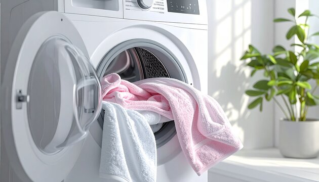 The door of a white washing machine is open, showcasing a pile of soft pink and white towels prepared for a fresh wash cycle