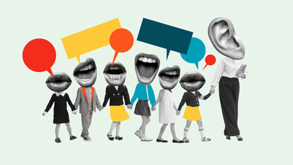 Colorful collage of children with giant mouth heads and teacher with ear head holding hands with speech bubbles. Concept of education, communication, social projects, and active group learning.
