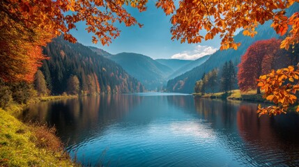 Picturesque autumn mountains and lake landscape with vibrant orange trees, calm water surface reflecting colorful foliage, azure sky, and tranquil nature scene perfect for outdoor travel and adventure
