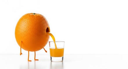 Funny Orange Character Pouring Fresh Orange Juice into a Glass on White Background - Stock Photo.