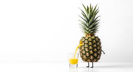 Funny Pineapple Character Pouring Juice into a Glass on White Background - Stock Photo.