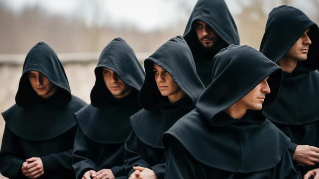 Group of monks stands in a row, wearing dark robes and looking solemnly. These monks symbolize devotion, religious ceremony, and contemplation, dressed in traditional habits,