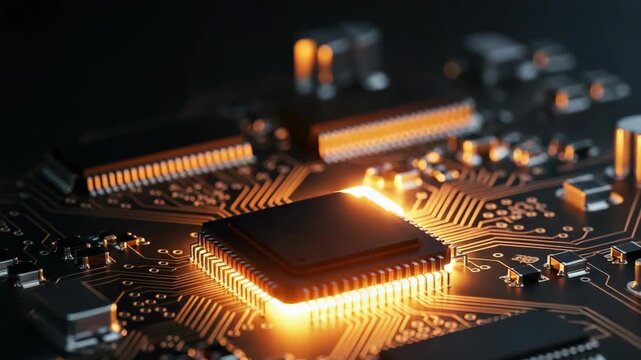 Glowing motherboard, illuminated circuit board with a central microchip, surrounded by transistors shows technological advances. Computer motherboard components are complex,