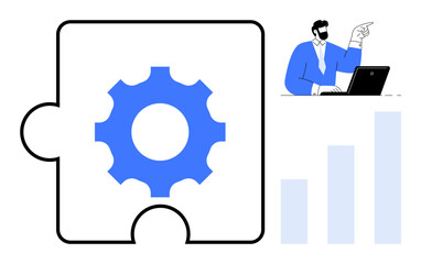 Gear inside puzzle piece beside bar chart and business professional at laptop gesturing towards strategy. Ideal for teamwork, problem-solving, analytics, workflow, innovation, planning, growth