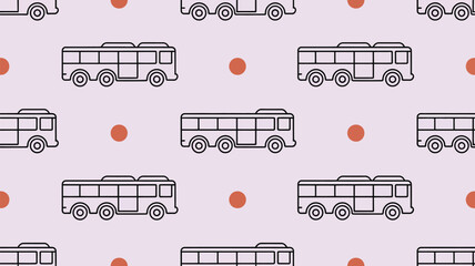 A repeating pattern of black outline buses and orange dots on a light purple background design element
