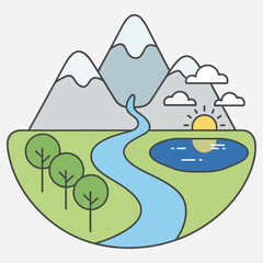 Fototapeta premium Vibrant minimalist nature landscape illustration depicting majestic mountains, a flowing river, a tranquil lake, lush green trees, and a bright sunrise under a clear sky