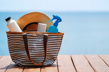 Beach bag with sun protection items on a wooden deck