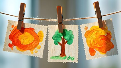 Childrens colorful drawings of a tree and abstract shapes on a line