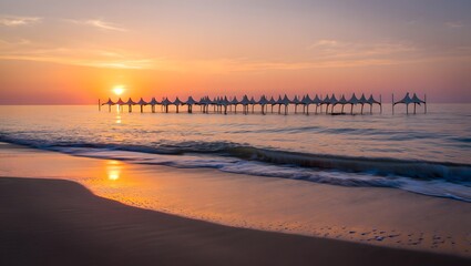 Sunrise over the ocean with a pier and gentle waves on the beach