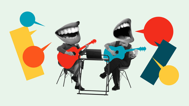 Creative collage. Musicians with giant mouth heads playing guitars and abstract speech bubbles. Concept of technology and entertainment, online platforms, creative content sharing, social media.