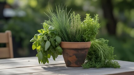 A terracotta pot filled with fresh herbs sits on a wooden table outdoors