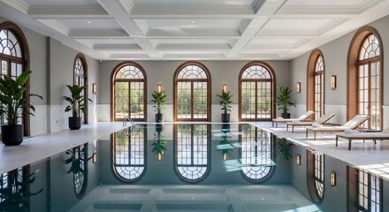 Obraz premium Elegant indoor swimming pool with arched windows reflecting in the water, surrounded by plants and lounge chairs.