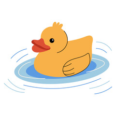 Yellow duck floating in water. Plastic toy for kids bath time, symbol of childhood, play, leisure, and fun aquatic activities.  