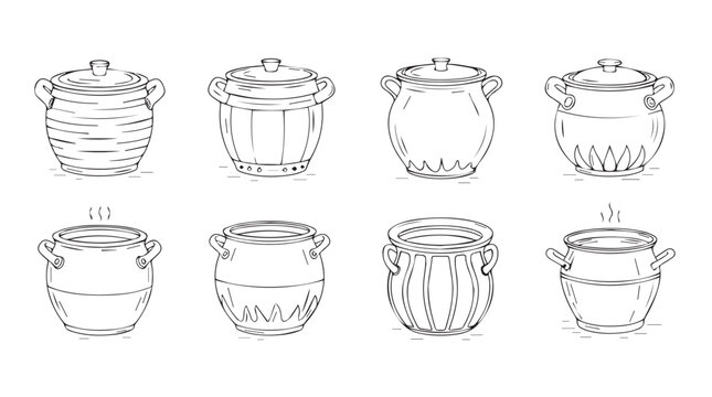 Collection of hand-drawn pots and vessels featuring rustic designs and lids for culinary and decorative use silhouette