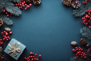 Festive christmas decoration with pine cones, berries, and gift box on blue background