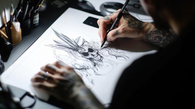 Tattooed Artist Creates Skull Illustration with Pen on Drawing Table