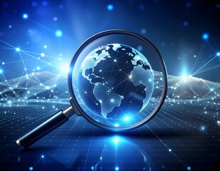 A glowing, digital globe made of lines and points, hovering above a dark magnifying glass, symbolizing global data analysis and market research.