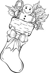 Christmas stocking with festive details bow, gingerbread man cookie, holly leaves, candy cane. Holiday sock for card, print. Vector illustration in hand drawn sketch style. Line art isolated on white