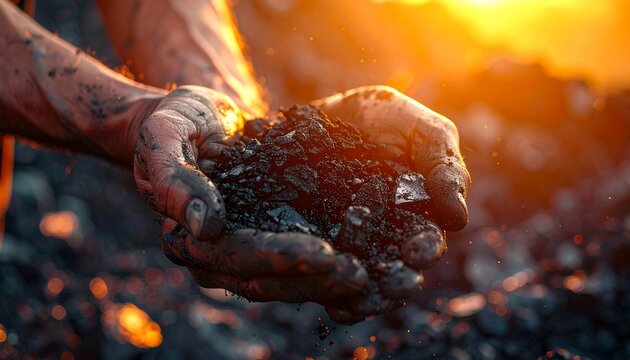 Close-up of a laborer's calloused and grimy hands holding freshly mined coal, illuminated by the warm glow of a nearby furnace