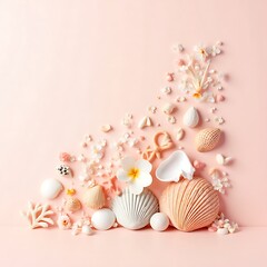 Obraz premium Elegant arrangement of seashells, flowers, and decorative elements
