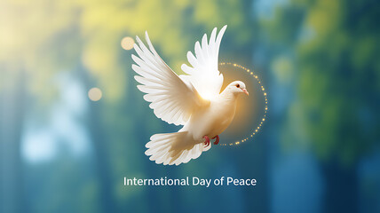 White dove in flight with olive branch, symbolizing peace against a serene natural background for International Day of Peace
