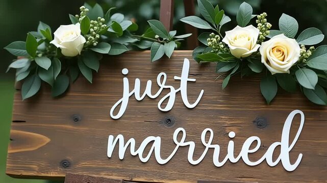 Elegant wedding sign with roses declares just married in a rustic setting