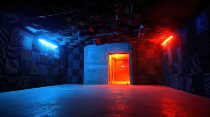 A spacious, soundproofed room bathed in vibrant neon blue and red hues, showcasing a modern and industrial aesthetic.