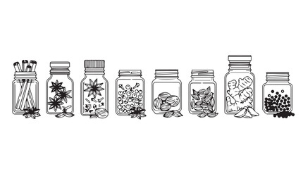 Hand drawn assortment of mason jars filled with various food ingredients silhouette