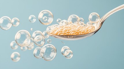 Golden spheres and bubbles float around a metallic spoon, presenting innovative food science.