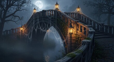 Spooky stone bridge with glowing lanterns under a full moon on a foggy night