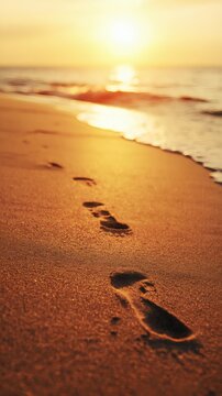 footprints. A serene beach sunset with footprints in the sand, evoking tranquility and golden warmth. inspiring travel planning, travel magazines, designed for travel destination branding.