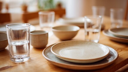Rustic dining table setting with ceramic plates and glassware