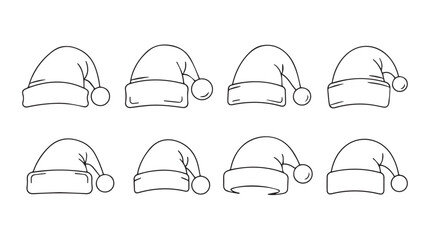 Collection of eight hand-drawn festive santa hats with fluffy pom-poms and trim silhouette