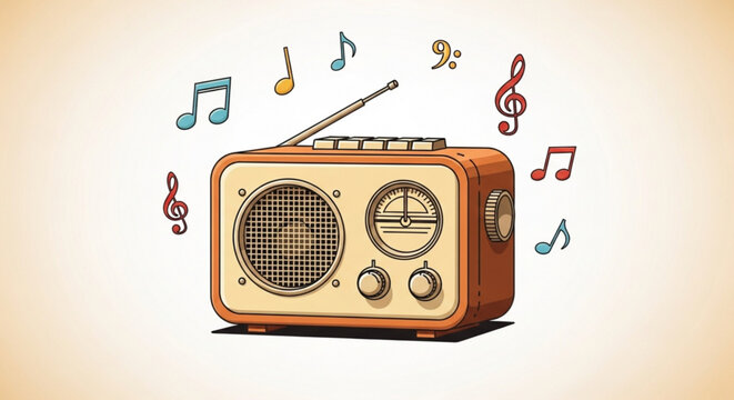 Vintage radio illustration with musical notes floating around, evoking nostalgia and the joy of listening to music