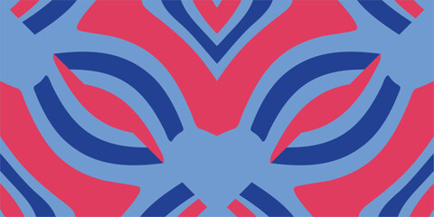 A vibrant and symmetrical abstract pattern featuring bold curved shapes in striking blue and pink hues. © Hokyubi