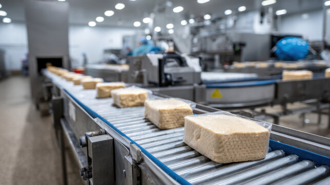Conveyor with packed cheese blocks in plastic wrap at food factory