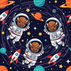 Cute cartoon bison astronauts exploring a vibrant galaxy with planets and rockets Childhood fun