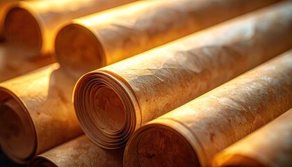 Pile of Rolled Parchment Scrolls in Warm Light Ultra Sharp Cinematic HDR Photography