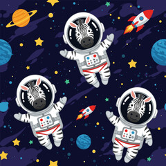 Zebras in astronaut suits float in colorful outer space with planets and rockets Adventure and imagination