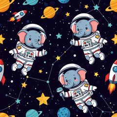 Adorable astronaut elephants exploring the cosmos among planets and stars Fun kids design