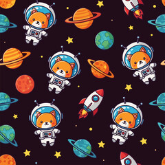 Whimsical seamless pattern with cute astronaut animals rockets and planets in outer space
