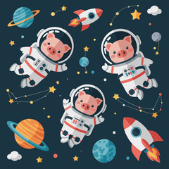 Cute pig astronauts floating in space surrounded by planets stars and rockets Fun cosmic adventure