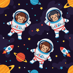 Joyful cartoon monkeys exploring the cosmos in astronaut suits with rockets and planets