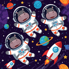 Playful hippo astronauts explore the vibrant cosmos with planets stars and rockets