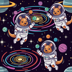 Cute cartoon kangaroos in astronaut suits explore a vibrant whimsical galaxy with colorful planets and stars