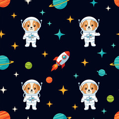 Cute cartoon astronaut dogs rocket planets and stars in a seamless space pattern