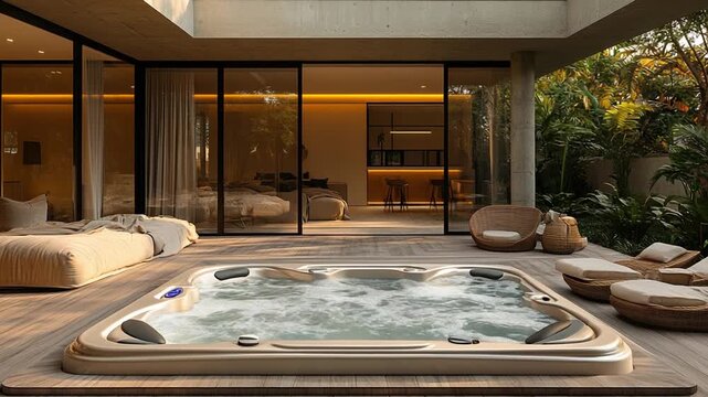 Modern spa area with hot tub and cozy decor