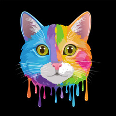 Portrait of a cat in multi-colored paint.Vector portrait of a cat made of multi-colored dripping paint on a black background.