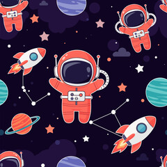 Whimsical space adventure seamless pattern with astronauts rockets planets and stars Kids design concept